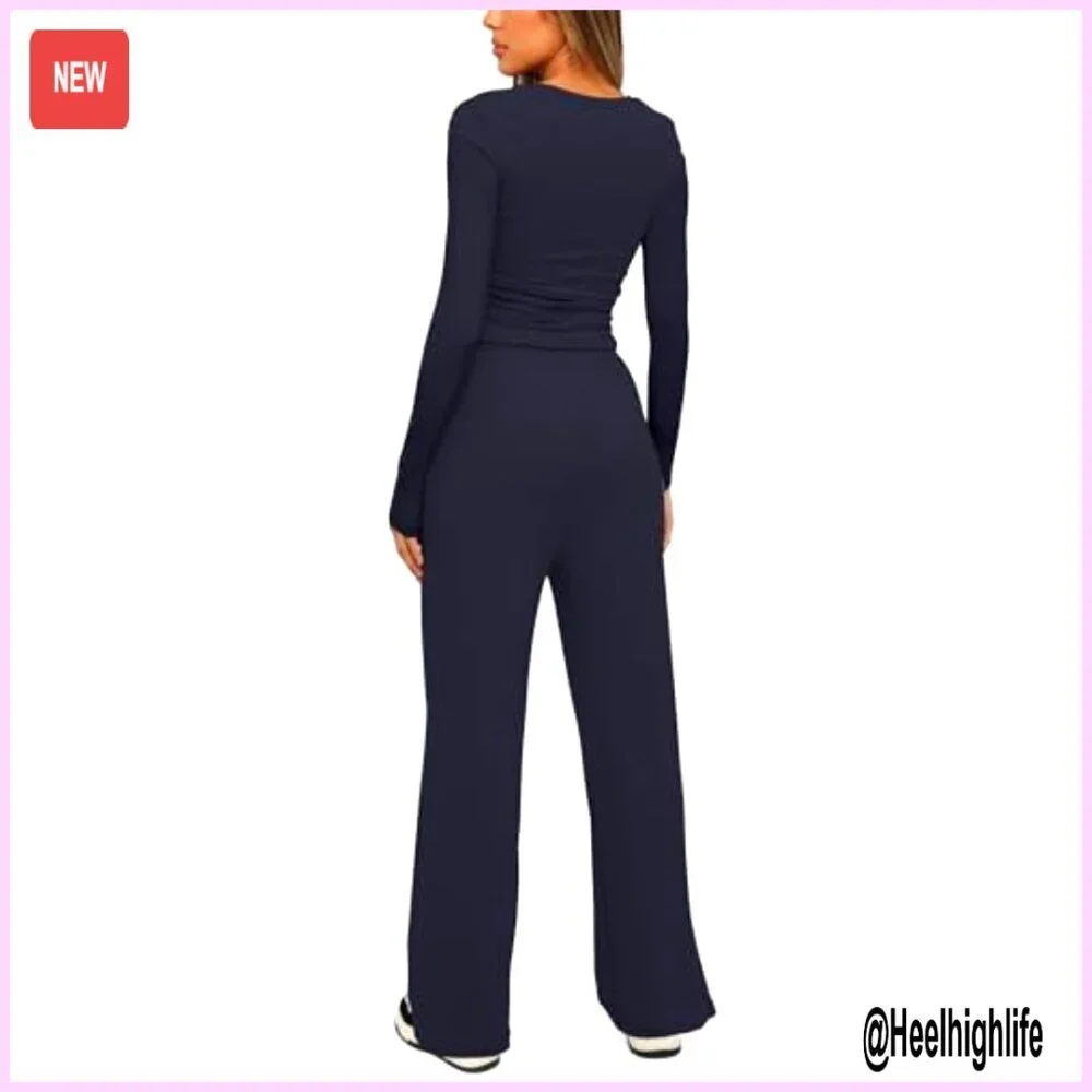Women's Lounge Set Long Sleeve Top Wide Leg Pants Casual Matching Outfit